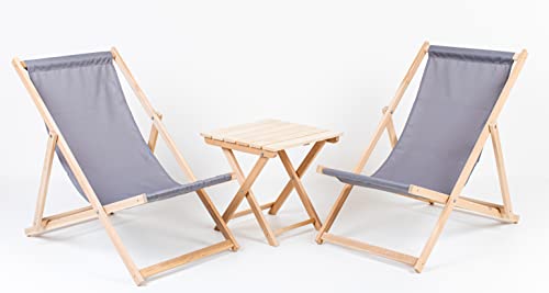 Merino Wool Set 2X Lounger + Table Traditional Line Liegestuhl Sonnenliege Klappbar, Gartenliege Rückenlehne verstellbar leicht klappbar Garten Balkon Strand Holzklappstühle Naturholz Lounger (Gray) von Merino Wool