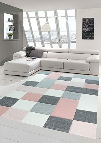 Designer und Moderner Teppich mit Karo Muster in Rosa Grau Creme Größe 120 cm Rund von Teppich-Traum