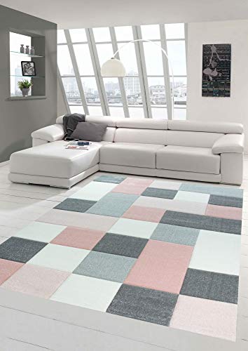 Designer und Moderner Teppich mit Karo Muster in Rosa Grau Creme Größe 140x200 cm von Merinos