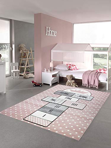 Merinos Kinderteppich Hüpfspiel Teppich Hüpfkästchen in Rosa Grau Creme Größe 200 x 290 cm von Merinos