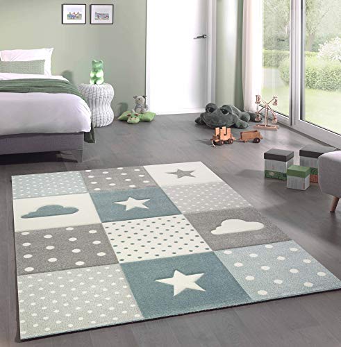 Merinos Kinderteppich Junge Teppich Kinderzimmer mit Stern Wolke in Blau Grau Creme Größe 140x200 cm von Merinos