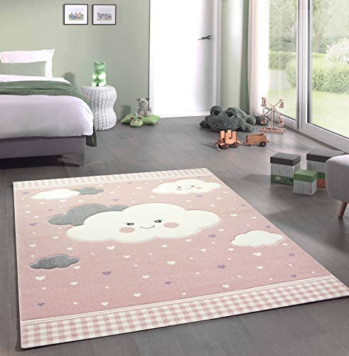 Merinos Kinderteppich Spielteppich mit Wolken in Rosa Größe 120 cm Rund von Teppich-Traum