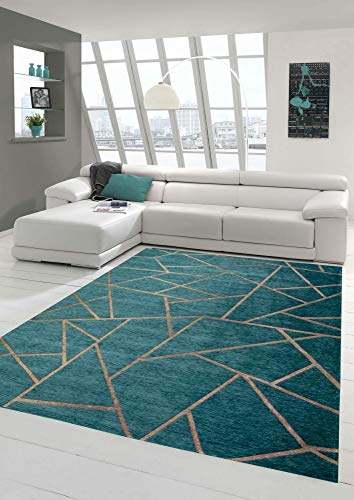Merinos Orientteppich Wohnzimmer Teppich Geometrisches Muster in Türkis Bronze Größe 80 x 250 cm von Merinos