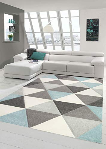 Merinos Teppich Wohnzimmer Teppich Design mit Dreieck Muster in Blau Grau Creme Größe 140x200 cm von Merinos