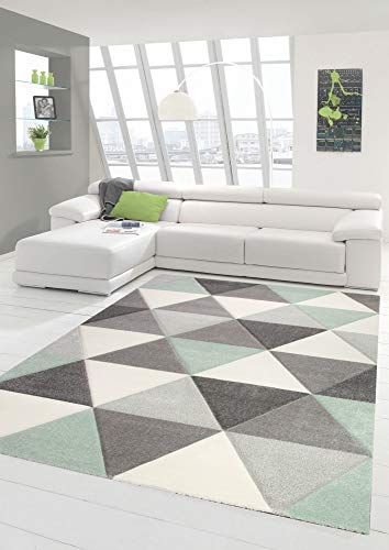 Merinos Teppich modern Designerteppich mit Dreieck Muster in Grün Grau Creme Größe 140x200 cm von Merinos