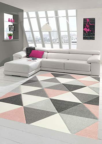 Merinos Teppich modern Designerteppich mit Dreieck Muster in Rosa Grau Creme Größe 140x200 cm von Merinos