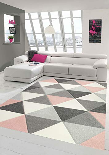Merinos Teppich modern Designerteppich mit Dreieck Muster in Rosa Grau Creme Größe 160x230 cm von Teppich-Traum