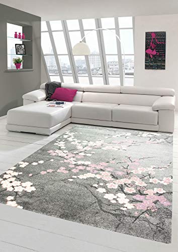Merinos Teppich modern Wohnzimmer Teppich mit Blumenmotiv Pink Grau Größe 160x230 cm von Merinos