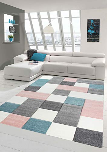 Merinos Wohnzimmer Teppich Design mit Karo Muster in Rosa Grau Türkis Größe 120 cm Rund von Merinos