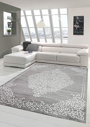 Moderner Teppich Orientteppich Ornamente mit Glitzergarn in Grau Creme Größe 80 x 300 cm von Merinos