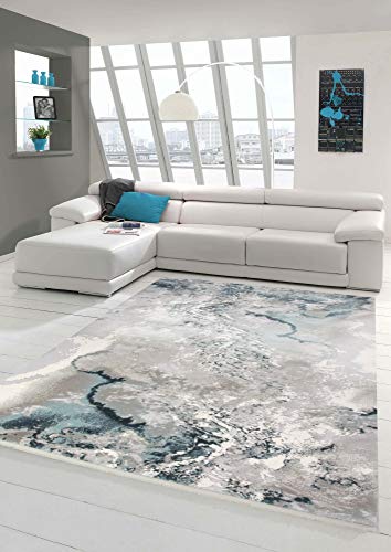 Wollteppich Marmorteppich Moderner Teppich Abstrakt in Grau Blau Creme Größe 80 x 300 cm von Merinos