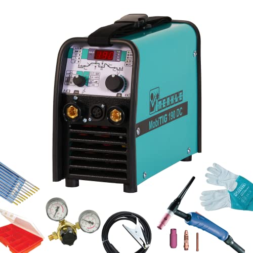 MERKLE Schweißgerät MobiTIG 190 DC, WIG(TIG)-Anlage | Zubehör-Set | Stufenlos | inkl. 4-8 Mtr. Brenner | 2-/4-Takt-Betrieb | Hochfrequenz- und LiftTIG-Zündung | TIG-Puls Funktion (4 Meter Brenner) von Merkle