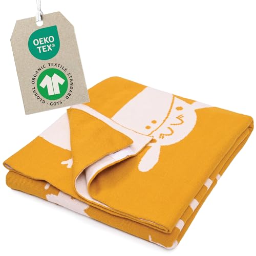 Merle Toys® Premium Babydecke Baumwolle, 100% Bio - GOTS und Oeko-TEX zertifizierte Baby Decke für Neugeborenen mit Wachstumsskala, Geschenk zur Geburt Junge & Mädchen, Kuscheldecke Baby, Honiggelb von Merle Toys
