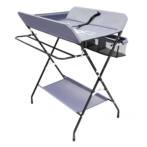 Mermajestic Dunkelgrau Folding Baby Wickeltisch Höhe einstellbar Säugling Windel Pflege Station mit hängenden Stab Aufbewahrungstasche offenes Regal & abschließbare Räder Dresser Windel von Mermajestic