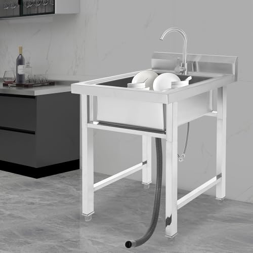 Mermajestic Freistehende Edelstahl Spültisch 1 Becken, 60 x 60 x 93cm Gewerbliche Spülbecken mit 360° Drehbarer Wasserhahn, Küchenspüle, Wabenförmiger Sprudler, für Außen, Innen, Küche, Restaurant von Mermajestic