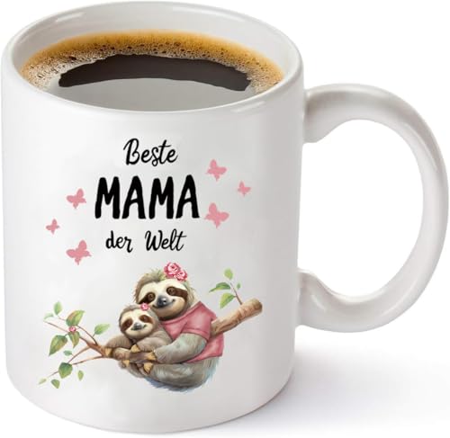 Merrwon Mama Faultier Tasse mit Spruch Beste Mama der Welt - 330ml Keramik Kaffeetassen mikrowellengeeignet spülmaschinenfest, Geschenke für Mutter zu Geburtstag, Weihnachten und Muttertag von Merrwon