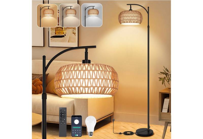 Merry 2024 Bogenlampen LED Stehleuchten Dimmbare,Rattan Stehlampe mit Fernbedienung, Stoff-Doppellampenschirme,Stehlampe für Schlafzimmer, Wohnzimmer von Merry 2024