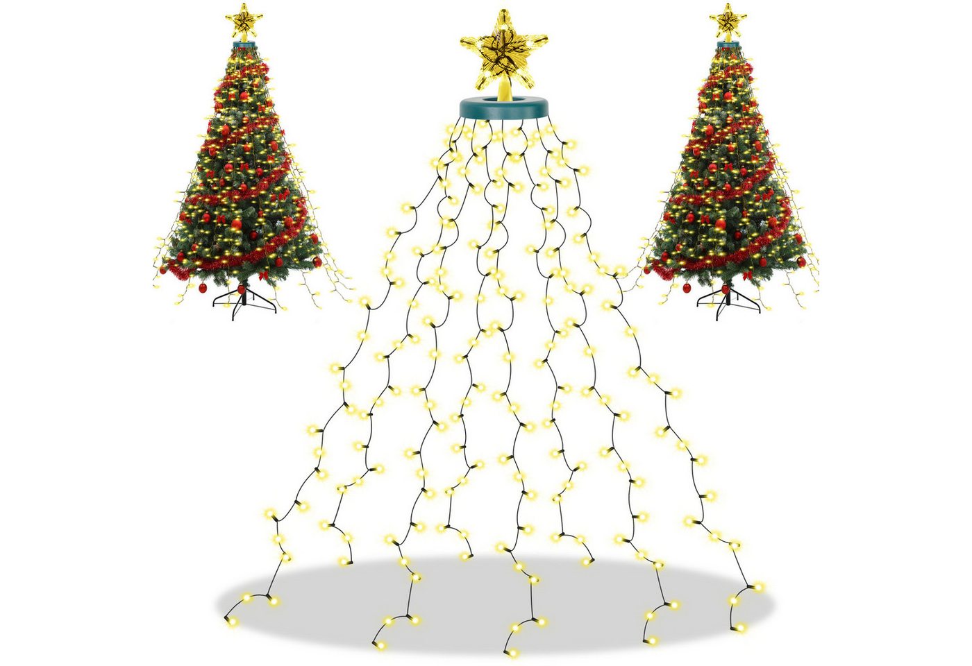 Merry 2024 LED-Lichterkette LED Weihnachtsbaum Lichterkette Außen mit Topper Moon Star, 490-flammig, Christbaumbeleuchtung mit Ring und Sterne,8-Modi,Timer,IP44 von Merry 2024