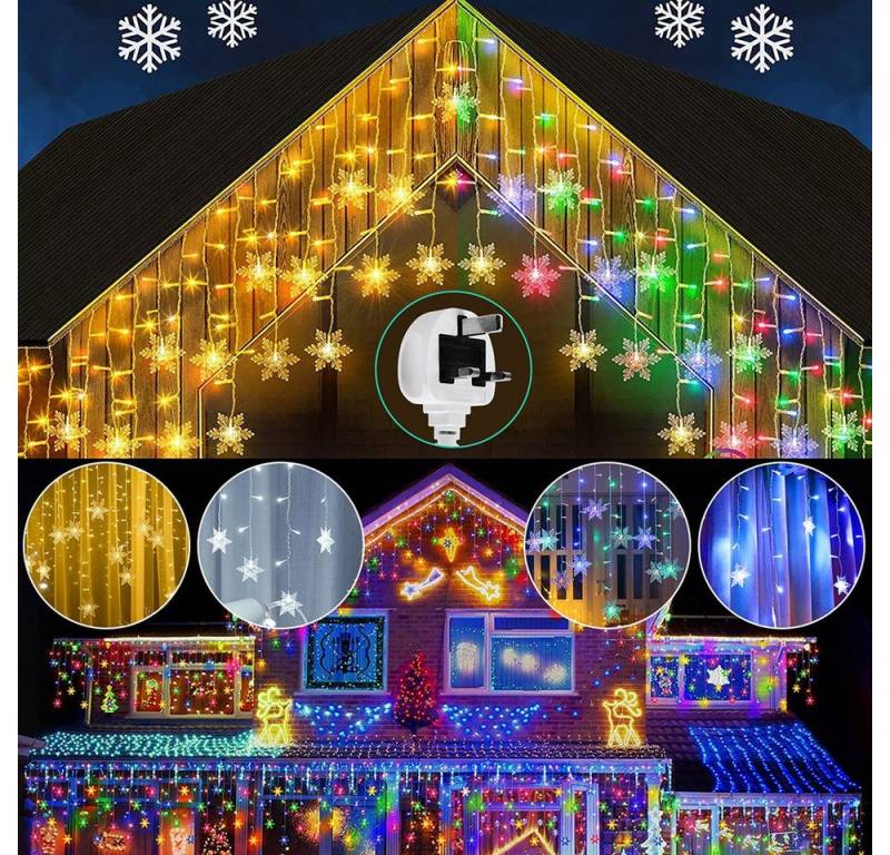 Merry 2024 LED-Lichtervorhang Schneeflocke, 96 LED Vorhang Lichterkette, Innen Außen, 8 Modi und Speicherfunktion Lichterkette Außen von Merry 2024