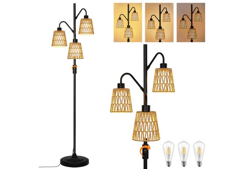 Merry 2024 Stehlampe Stehlampe Wohnzimmer dimmbar, Retro Standleuchte mit 3-flammige, LED wechselbar, mit Rattan Lampenschirm,für Schlafzimmer Wohnzimmer Büro von Merry 2024