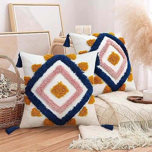 Merrycolor 2er Set Kissenbezug 45x45cm, Rosa Getuftet kissenbezüge mit Blau Quasten Boho Baumwolle Leinen Dekokissen Zierkissenbezug für Schlafzimmer Wohnzimmer von Merrycolor