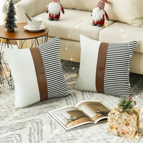 Merrycolor 2er Set Grau Streifen Kissenbezug, Spleißen Leinen Wurf Moderne Akzent-Kissenbezüge aus hellbraunem Kunstleder Landhausstil Kissenhülle für Sofa Gartenbett Schlafzimmer 40x40cm von Merrycolor