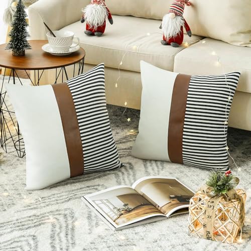 Merrycolor 2er Set Grau Streifen Kissenbezug, Spleißen Leinen Wurf Moderne Akzent-Kissenbezüge aus hellbraunem Kunstleder Landhausstil Kissenhülle für Sofa Gartenbett Schlafzimmer 50x50cm von Merrycolor