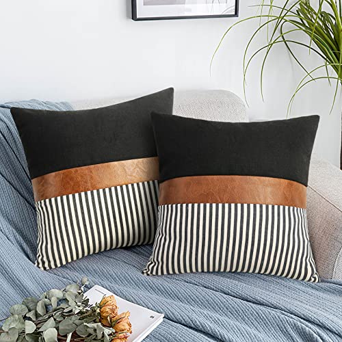 Merrycolor 2er Set Schwarzem Streifen Kissenbezug 45x45cm, Spleißen Leinen Wurf Moderne Akzent-Kissenbezüge aus hellbraunem Kunstleder Landhausstil Kissenhülle für Sofa Gartenbett Schlafzimmer von Merrycolor