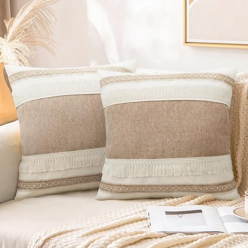 Merrycolor Boho Kissenbezug 45 x 45 2er-Set mit Quasten Beige Neutrale Kissenbezüge Bauernhaus-Boho-Kissen Dekorative Dekokissenbezüge für Couch Sofa Wohnzimmer(45 x 45 cm, H) von Merrycolor