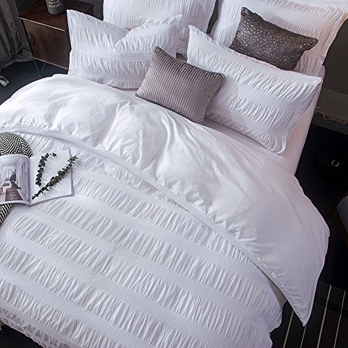 Merryfeel 100% Baumwolle Garn gefärbt Seersucker Bettwäsche-Set, Bettbezug mit Kissenbezug - 200x220+2x80x80cm, Weiß von Merryfeel