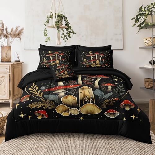 Merryword Pilz-Steppdecke, Queen-Size-Größe, 8-teilig, Bett in einer Tasche, natürliche Wildpilzdecke, botanische Pflanzen von Merryword