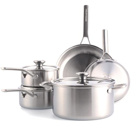 Merten & Storck Tri-Ply Edelstahl Kochgeschirr-Set, 8-teilig Topf- und Pfannenset, Enthält Bratpfanne Stielkasserolle Kochtopf, 18/10 Edelstahl, Spülmaschinengeeignet, Backofenfest, Induktion, Silber von Merten & Storck