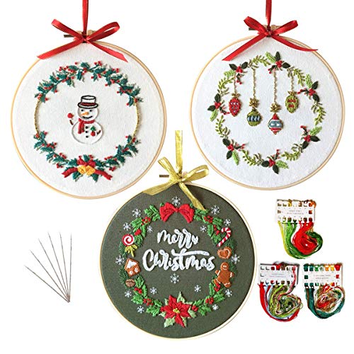 Meruni Anfänger Stickerei Set, 3 Sets Stickerei Set mit Weihnachtsmuster, Kreuzstich-Set für Anfänger mit 3 Stickmuster, 1 Stickrahmen und Farbfäden(Christmas2) von Meruni