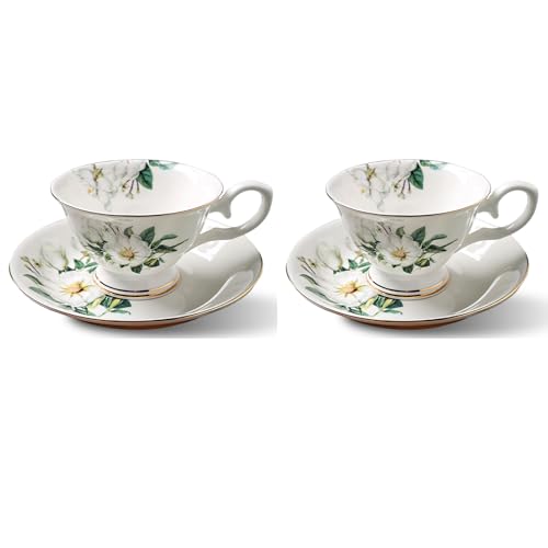 Kaffeetassen mit Untertassen, Cappuccino Tasse Blumen Kaffeebecher Dünnes Porzellan Coffee Cup, 175ML Knochenporzellan Teetassen Mokkatassen Aesthetic Espresso Tassen Set für Frauen, 2 Stück (B) von MerwDeeyt