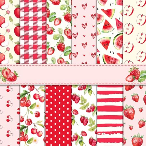 Scrapbook Papier 30x30 cm Scrapbook Bastelpapier mit Rot Obst Muster, 24 Blatt Sommer Scrapbooking Papier Frucht Motivpapier, Doppelseitiges Dekorpapier mit Erdbeere Kirsche Apfel Muster von MerwDeeyt