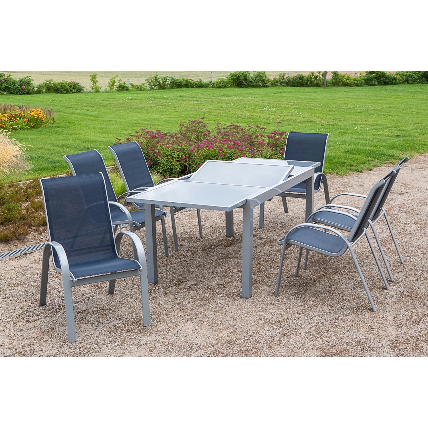 Gartenmöbel-Set Amalfi 7-tlg. Marineblau inkl. Tisch 160/220 cm x 90 cm von Merxx