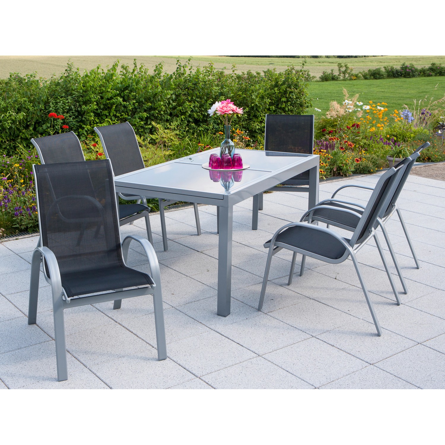 Gartenmöbel-Set Amalfi 7-tlg. Schwarz inkl. Tisch 160/220 cm x 90 cm von Merxx