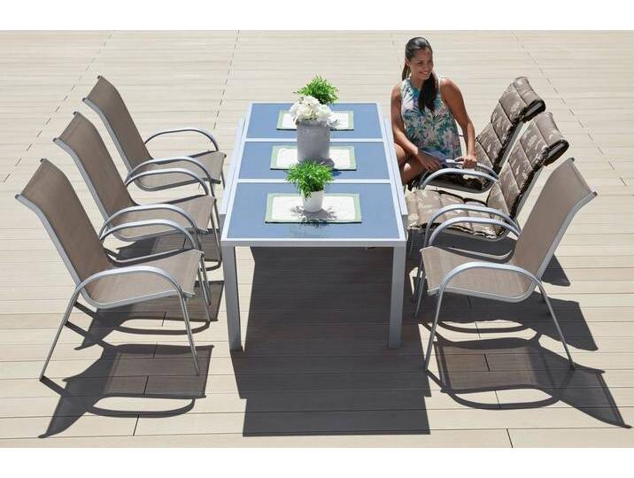 MERXX Garten-Essgruppe Amalfi, (7-tlg., 6x Stapelsessel, 1x Ausziehtisch 140(200)x90 cm), pulverbeschichtetes Aluminium, aus 100% Polyester von Merxx