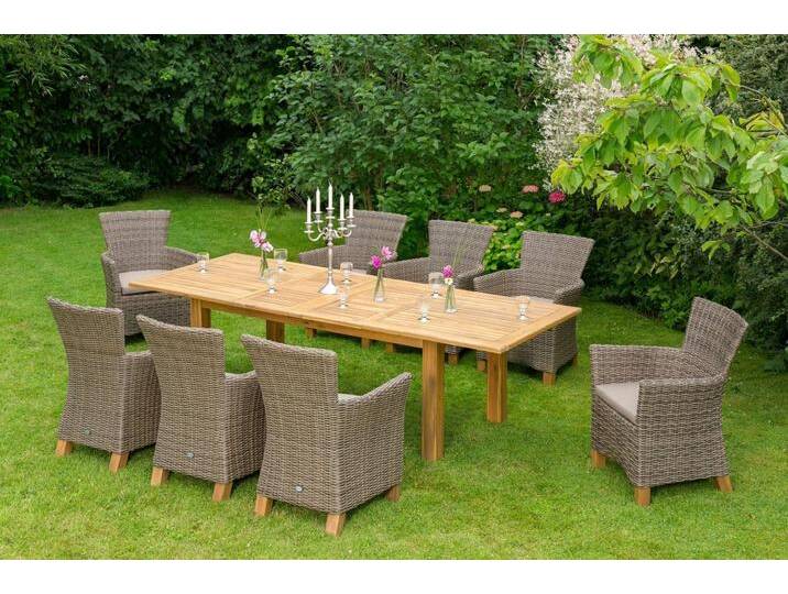 MERXX Garten-Essgruppe Toskana, (17-tlg., 8x Sessel, 1x Doppelausziehtisch 180(220/260)x100 cm, inkl. Sitzkissen), Aluminium, Polyrattan, Akazienholz FSC 100 % von Merxx