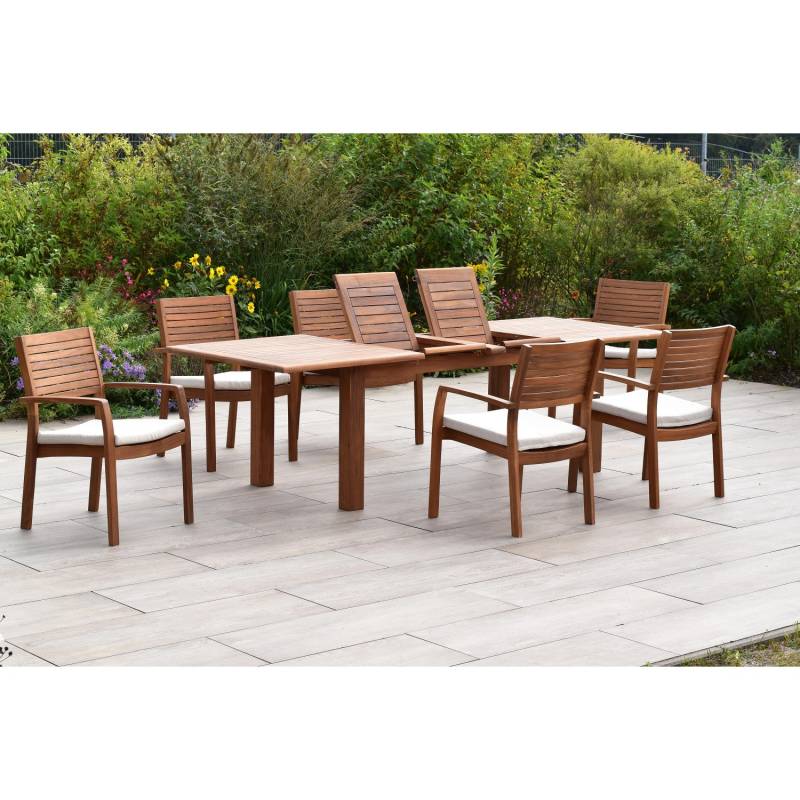 Merxx Batavia Set 13-tlg 6 Stapelsessel 6 Auflagen Doppel-Gartentisch Ausziehbar von Merxx