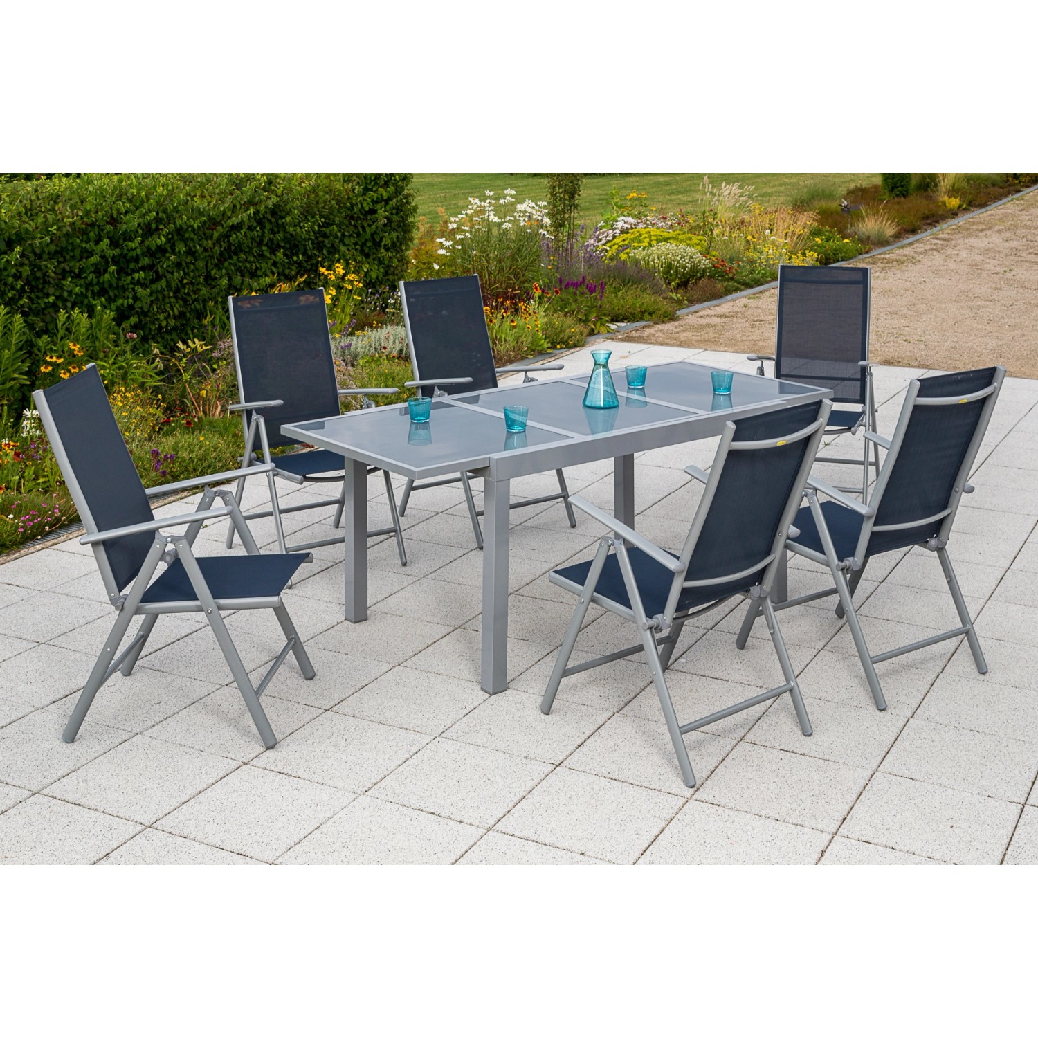 Merxx Gartenmöbel-Set Amalfi 7-tlg. Marineblau mit Ausziehtisch 140/200 x 90 cm von Merxx