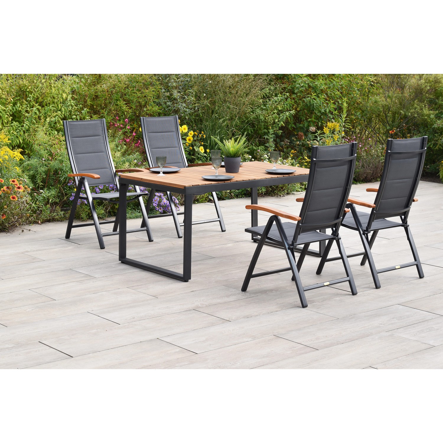 Merxx Paxos Set 5-tlg. 4 Klappsessel Gartentisch Ausziehbar 150 (200) x 90 cm von Merxx