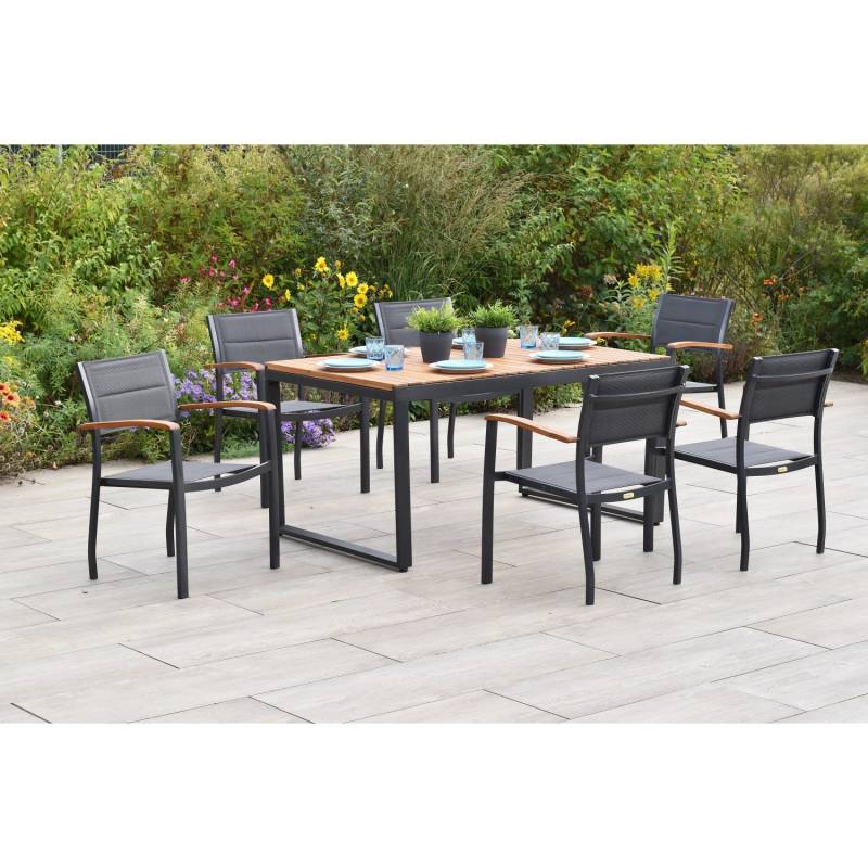 Merxx Paxos Set 7-tlg. 6 Stapelsessel Gartentisch Ausziehbar 150 (200) x 90 cm von Merxx