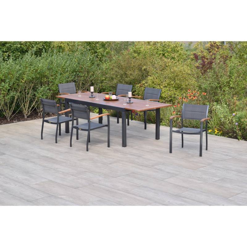Merxx Paxos Set 7-tlg. 6 Stapelsessel Gartentisch Ausziehbar 180 (250) x 100 cm von Merxx