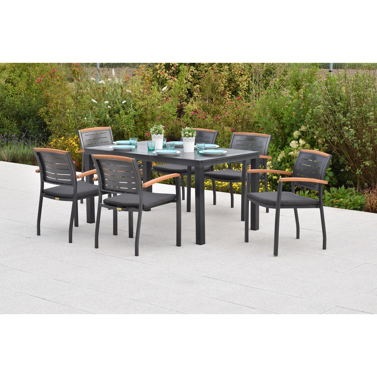 Merxx Tinos Set 13-tlg. 6 Stapelsessel 6 Sitzkissen Gartentisch 150(200)x90 cm von Merxx