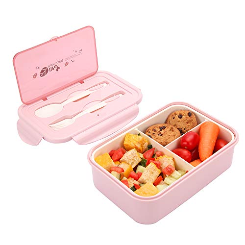 1000 ml Brotdose für Kinder Und Erwachsene, Bento Box Lunchbox mit 3 Fächern und Besteck, Vesperdose Mikrowelle Heizung (Hellrosa) von Merysen
