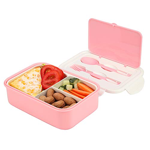 Brotdose aus Kunststoff, Bento Box Lunchbox Mit 3 Fächern und Besteck,1000ml Vesperdose, Mikrowelle Heizung Für Kinder Und Erwachsene (Rosa) von Merysen