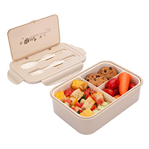 Merysen 1400 ml Brotdose aus Kunststoff für Kinder Und Erwachsene, Bento Box Lunchbox mit 3 Fächern und Besteck, Vesperdose Mikrowelle Heizung (Khaki) von Merysen
