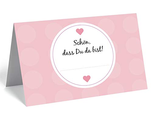 50 edle Premium-Tischkarten -18 Motive zur Auswahl - Platzkarten 300mg - 5,5 x 8,5cm (eine Seite) - Namenskarten Namensschilder für Hochzeit Feier Taufe Kommunion (weiss-rosa 2Herzen) von Merz Designkarten