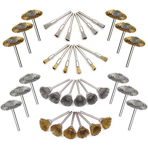 Mesee 36 Stück Stahlbürsten-Set, Mini Drahtbürste Bohrmaschine Edelstahl Polieren Kit, mit 3mm Shank Polieren Reinigung Rotationswerkzeuge für Rotary Tools (Pen Typ + Flat Type + Bowl Typ) von Mesee